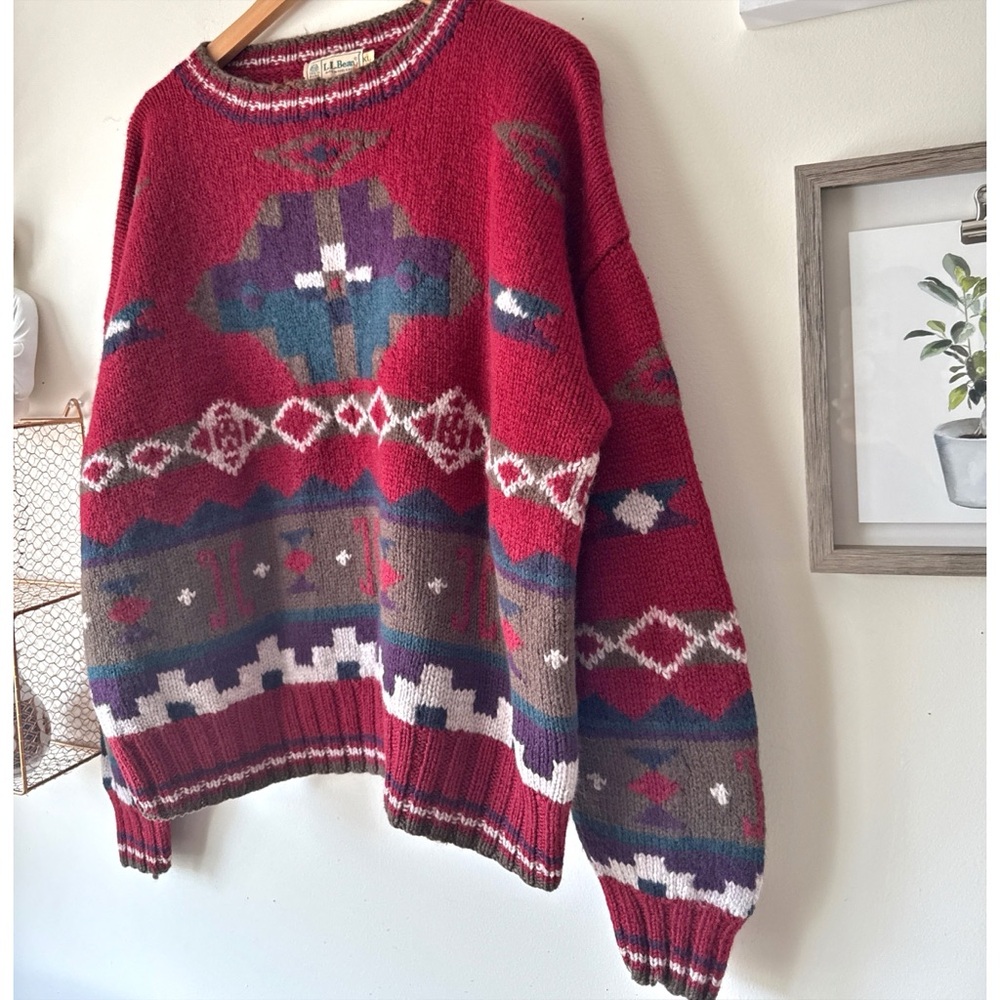 90s LL BEAN Geometric Pure New Wool Sweater Made in Hong Kong Large Grandpa Core - Picture 3 of 12